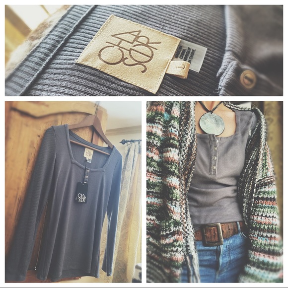 Chaser Henley Ribbed Layering Top Gray Charcoal NWT Large - Picture 13 of 16